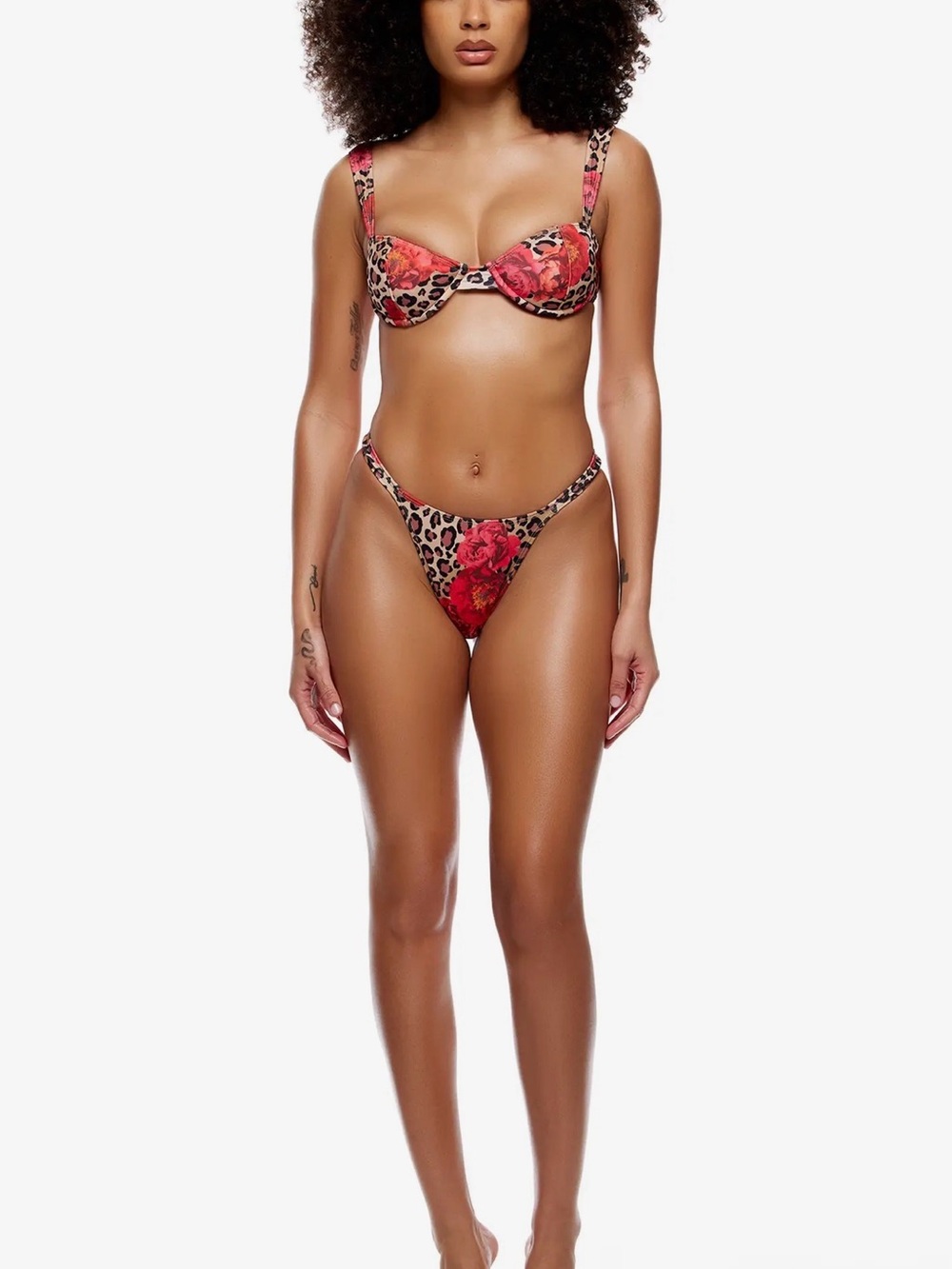 Leopard Rose Print Underwire Bikini Set - Red Floral